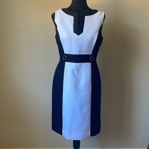 Tahari black/white sleeveless size 6 dress v-neck Gold hardware 100% polyester - Picture 3 of 4